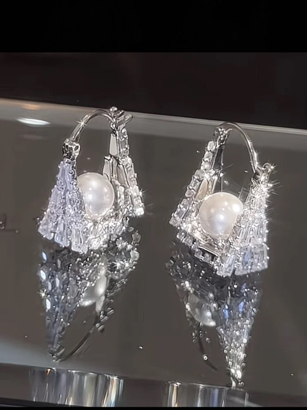 Silver Crystal Pearl Geometric Hoop Drop Earrings Statement Glam